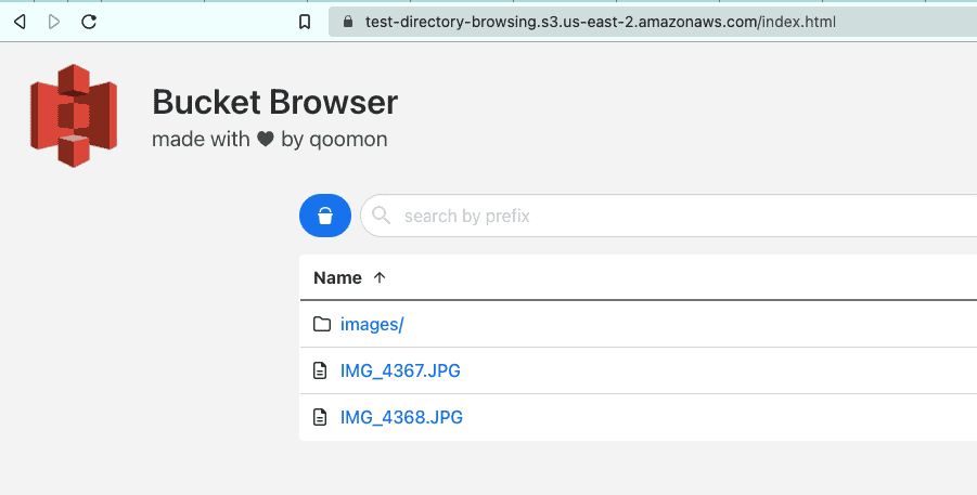 Bucket browser showing the files